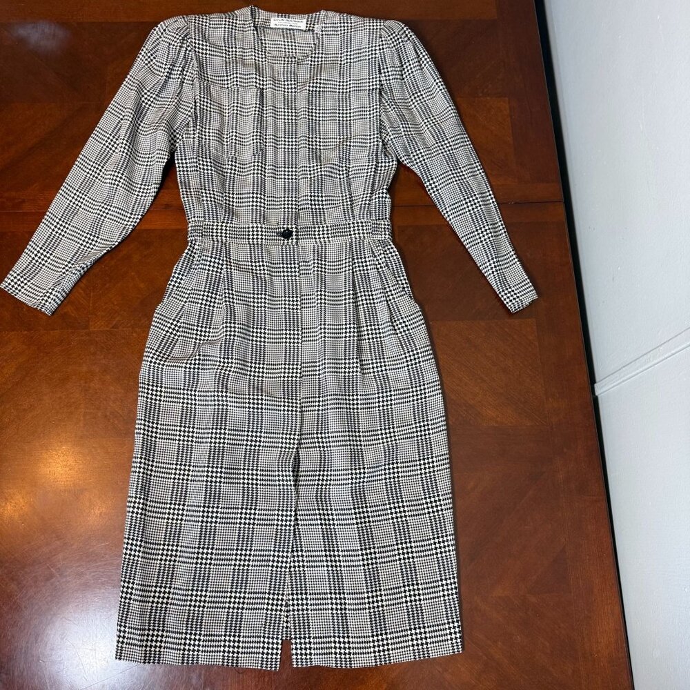 vtg Nipon Boutique Dress Sz‎ 4 Black White Silk Houndstooth Neiman Marcus